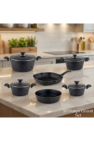 10 Parça Granit Set Cam Kapak - Siyah Siyah