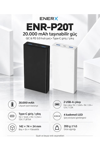 Enerx ENR-P20T 20.000 mAh 22.5 Watt Powerbank Beyaz