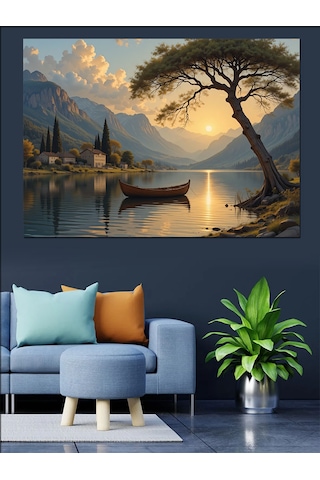 Göl Kıyısında Günbatımı Dekoratif Kanvas - Mdf Ahşap Tablo