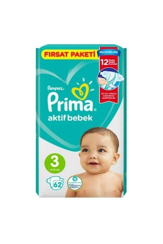 Prima Pampers Aktif Bebek Fırsat Paketi Midi Bebek Bezi 6-10 KG 3 Beden 3 x 62 Adet 3'lü