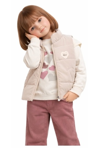 Irem Kız Çocuk Love Yazılı Şişme Yelekli Kalpli Kolu Fırfırlı Sweat Gabardin Pantolonlu Üçlü Takım Bej