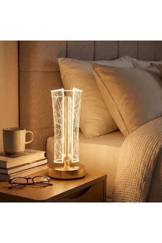 Buffer İki Yandan Kavisli Silindirik Geometrik Çizgi Model Kristal Led Masa Lambası Dokunmatik, 3 Renk Işık Modlu, Şa Beyaz