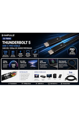 S-ımpuls Usb-c Thunderbolt 5 240w Pro Kablo 80gbps / 120gbps Boost, 240w Pd 3.1, 8k/16k Video, Usb4 V2 Uyumlu 2 Metre