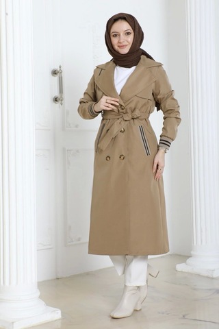 Bondit Kumaş Ribanalı Uzun Boy Trençkot / Açık Kahve - M0110 Açık Kahve Kahverengi