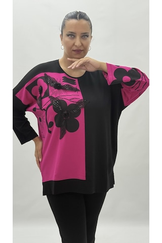 Büyük Beden Taşlı Çiçek Detaylı Uzun Kol Oversize Kadın Bluz Pembe