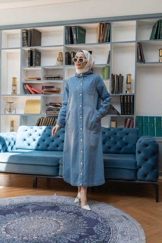 6329-taşlı Denim Kapşonlu Kap Mavi Mavi