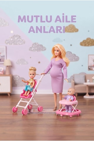 Hamile Anne Ve Bebekleri 3 Bebekli Dönen Karınlı Haraketli Eklemli Aksesuarlı Oyuncak Bebek Seti Sarı