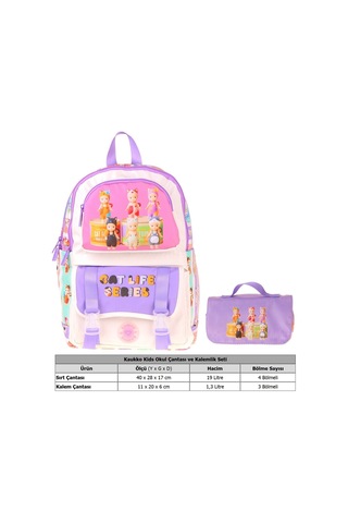 Kaukko Kids Cat Life Mor - Krem Kız Çocuk İlkokul Sırt Çantası Ve Kalem Çantası Seti - Setkk-l5313c