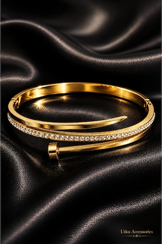 Stainless Steel Gold Taşlı Kelepçeli Çelik Bileklik Altın 76283143