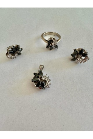 Aysesa Oniks Taşlı Kadın Gümüş Set 2küpe+kolye+yüzük 925 Ayar