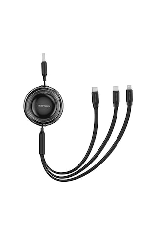 Vention 3'ü 1 Arada Makaralı 2 X Type-c + Lightning 3,5a Hızlı Şarj Kablosu 1,1m - Siyah
