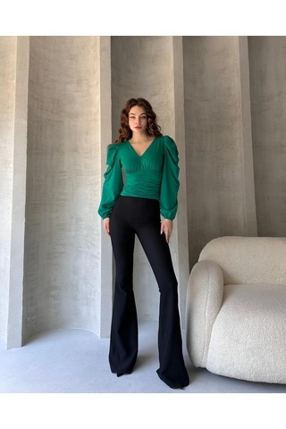 Markahit Defile V Yaka Drape Detaylı Crep Bluz Yeşil