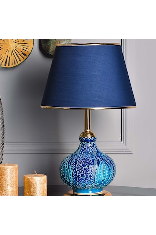 Safirr Light Patara Çini Detaylı Seramik Abajur - Mavi Şapka / Gold Ayak Çok Renkli