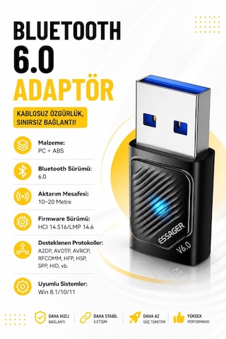 Essager Bluetooth Adaptör 6.0 Süper Hızlı Ce Lisanslı Yüksek Performans Düşük Gecikme Son Nesil Teknoloji 6.0 Ultra Hızlı