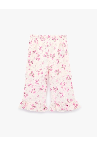 Koton Pamuklu Fırfırlı Brodeli Çiçek Desenli Geniş Paça Pantolon Pembe Desenli 6smg40024aw