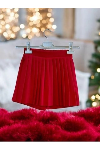 Kız Çocuk Önü Pileli Şort Etek-14904 Kırmızı