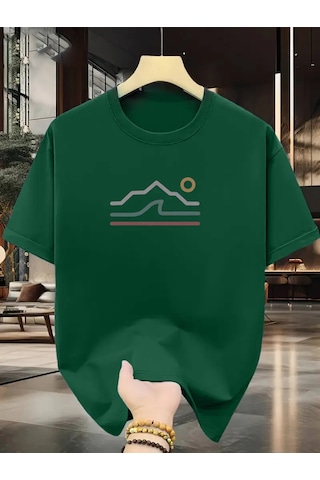 Unisex Güneşli Dağ Tasarım Basklı Tshirt Yeşil