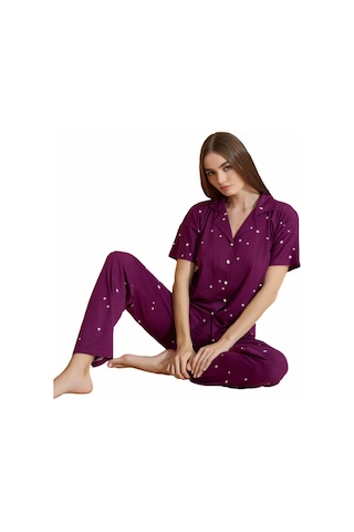 Pijamoni Kadın Kısa Kol Boydan Düğmeli Pijama Takımı - 7515-18 001