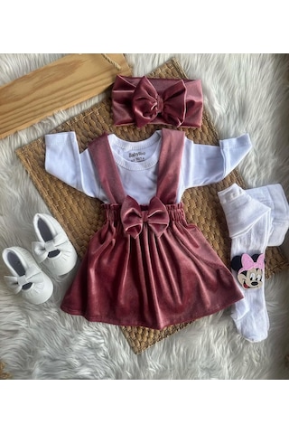 Kız Çocuk Bebek Kadife Kırmızı Pembe Doğum Günü Hediye Bandana Şık Elbise Kırmızı