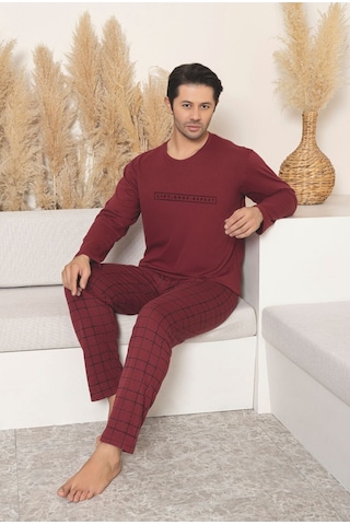 Sude Homewear Erkek Uzun Kol Pijama Takımı Koyu Kırmızı