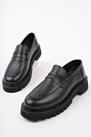 Muggo Paradise Hakiki Deri Kalın Taban Günlük Casual Makosen Kadın Loafer Ayakkabı Siyah