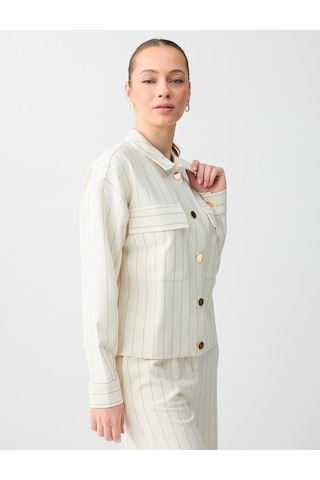 Jimmy Key Ekru Çizgi Desenli Parlak Düğme Detaylı Örme Ceket 6sw055578114