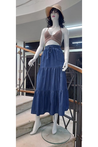 Eren Style Cepli Enzim Kumaş Volanlı Kot Etek-3848-2433-9546 Kot Mavisi Mavi