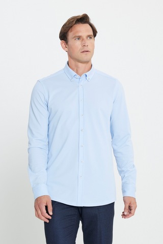 Ac&Co / Altınyıldız Classics Erkek Acık Mavı Pamuklu Örme Slim Fit Dar Kesim Düğmeli Yaka Gömlek Acık Mavı Açık Mavi