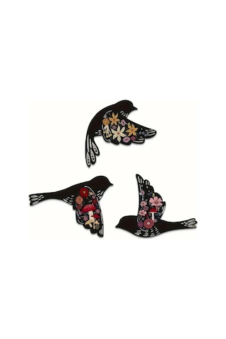 Cajuart Dekoratif Üçlü Siyah Çiçek Motifli Kuşlar Ahşap Duvar Dekoru Tablo Süs