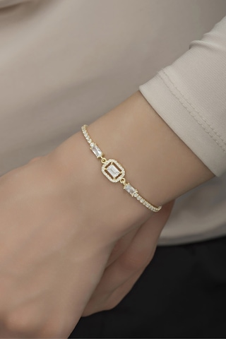 Nereze 925 Ayar Gümüş Gold Suyolu Baget Taşlı Tektaş Bileklik