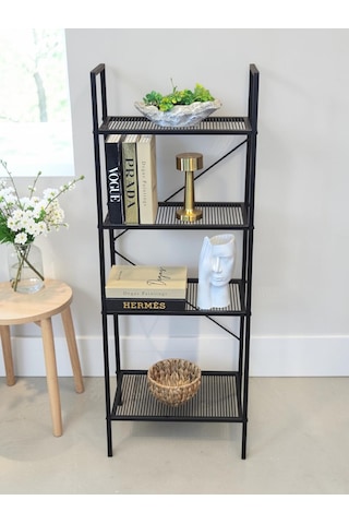 Dekoratif Siyah Metal Piramit Kitaplık 4 Raflı Çok Amaçlı Stand Salon Ve Çalışma Odası Düzenleyici