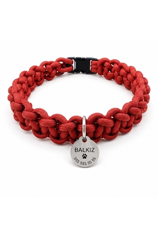 Pawroots El Yapımı Paracord Köpek Tasması + Kişiye Özel 304 Paslanmaz Çelik İsimlik Orta Ve Büyük Irklar İçin Kırmızı