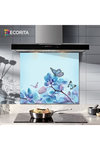 Decorıta Cam Ocak Arkası Koruyucu | Mavi Çiçek Ve Kelebek