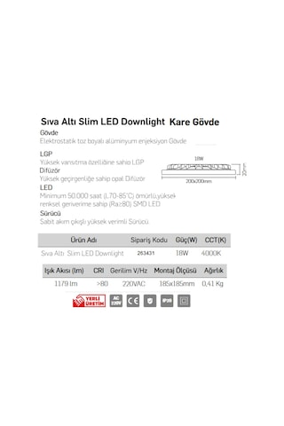 Lamptime Sıva Altı Led Spot Siyah Gövde 18W 4000K Kare 263431