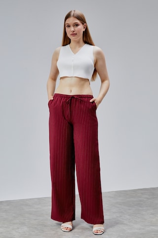 Genius Store Kadın Pantolon Geniş Paça Yüksel Bel Cepli Çizgili Pantolon Çizgili-pantolon Bordo