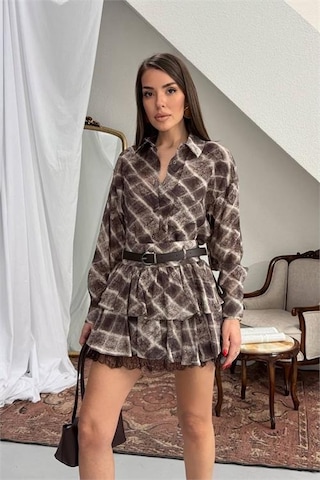 Neşeli Butik Kadın Kahverengi Gömlek Yaka Kat Kat Ekose Desen Mini Elbise Nbnp025 Kahverengi