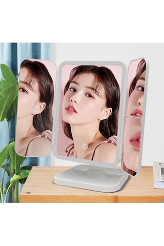 Reoona 3 Panel Katlanır Masa Üstü Ledli Usbli Makyaj Aynası Foksyonel Beyaz Beyaz