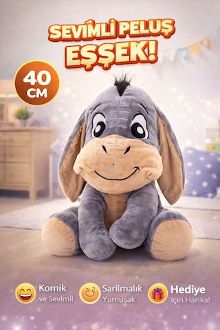 Sevimli Eşek Peluş Oyuncak 40 Cm Büyük Boy, Sarılmalık Yumuşak Pelüş Gri
