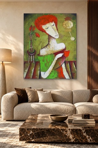 Fida Kızıl Saçlı Kadın Çay Molasında Canvas Tablo Çok Renkli