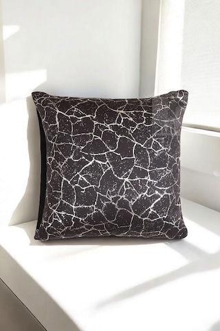 Altın Varak Desenli Dekorafit Tekli Kırlent Kılıfı 42x42 Cm Şık Ve Zarif Tasarım Siyah Gümüş Varaklı