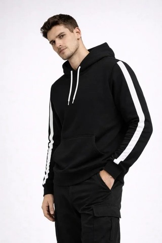 Defymoda Erkek Şeritli Kapüşonlu Sweatshirt Oversize 3 Iplik Pamuklu - Siyah Siyah