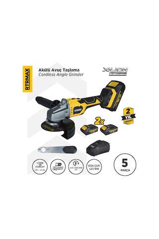 Rtrmax RTX3060 Şarjlı Avuç Taşlama Makinası Kömürsüz 125mm 2x4AhPlus Çift Akü Hızlı Şarj X-Lion