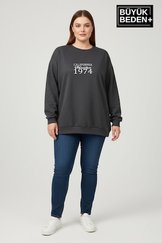 Süperlife Kadın Büyük Beden California 1974 Baskılı Bisilet Yaka İnce Sweatshirt Spr26bswk956-2 Antrasit
