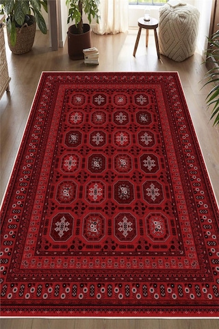 Bordo Afgan Desenli Dekoratif Kaymaz Taban Yıkanabilir Halı