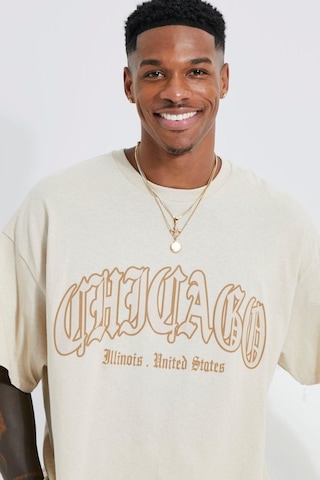 Altamira Unisex Bej Chicago States Baskılı Bisiklet Yaka Oversize T-shirt 001
