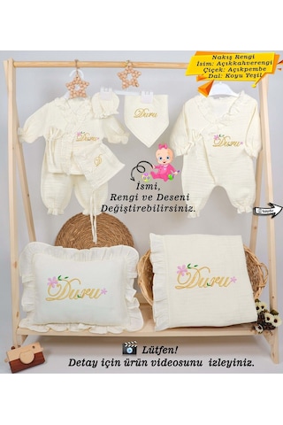 Gros Shop Yeni Doğan %100 Doğal 4katlı Müslin Hastane Çıkış Mevlüt Seti Kişiye Özgü İsimli Nakış Desenli Ekru