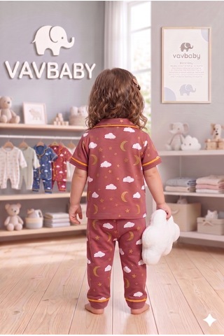 Pamuklu Kruvaze Yaka Önden Düğmeli Bulut-ay Desenli Mevsimlik Alt Üst Pijama Takım-kırmızı