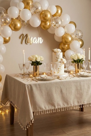 Keten Püsküllü Organizasyon Keten Masa Örtüsü Baby Shower, Doğum Günü, Nişan İçin Bohem Vintage Örtü Bej