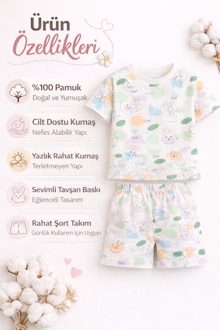 Harika Kids Kız Çocuk Şortlu Takım Yazlık Pamuklu Tişört Şort 2 Li Set Beyaz