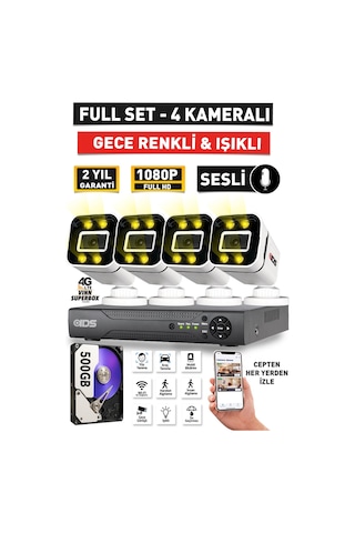 Sesli - 4 Kameralı Fullhd Gece Renkli Ve Işıklı Güvenlik Kamerası - Kamera Seti 500gb Disk